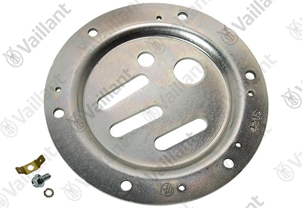 Runder Metallflansch mit mehreren Bohrungen und Ausschnitten, geeignet für Vaillant-Produkte. Enthält eine Schraube und eine Metallplatte.
